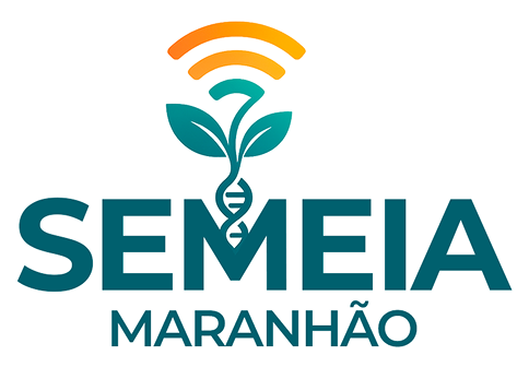 ogotipo do Semeia Maranhão, com ícone em forma de planta que integra uma hélice de DNA e ondas de conexão em laranja acima, acompanhado do texto “SEMEIA MARANHÃO”.